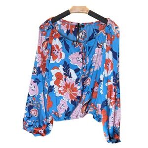 Mittoshop Floral Print Boho Blouse Blue Pink Orange Long Sleeve Tie Neck Size S
